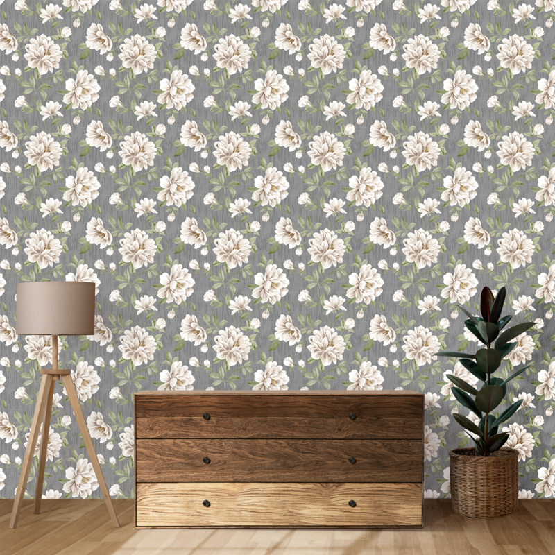 Papier peint roses blanches et fond gris