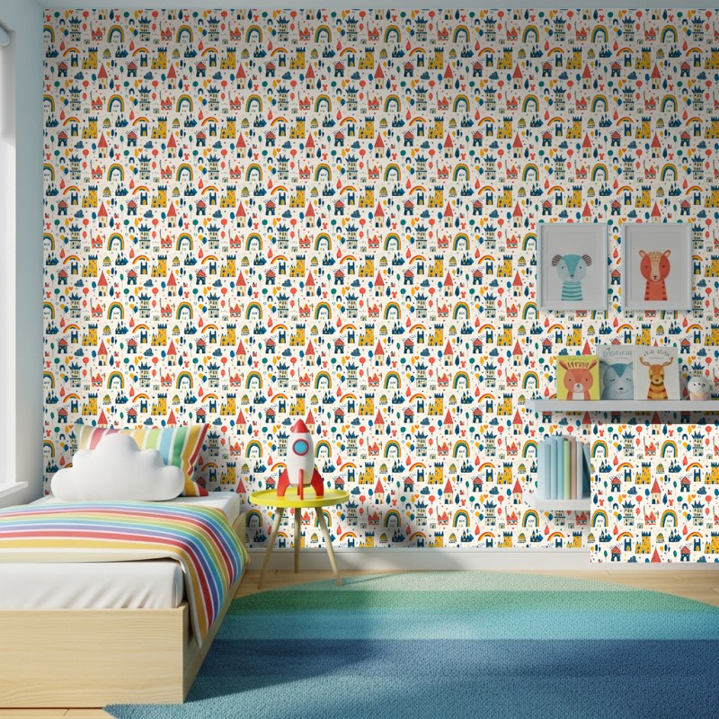 Carta da parati baby Castello design arcobaleni e case multicolore