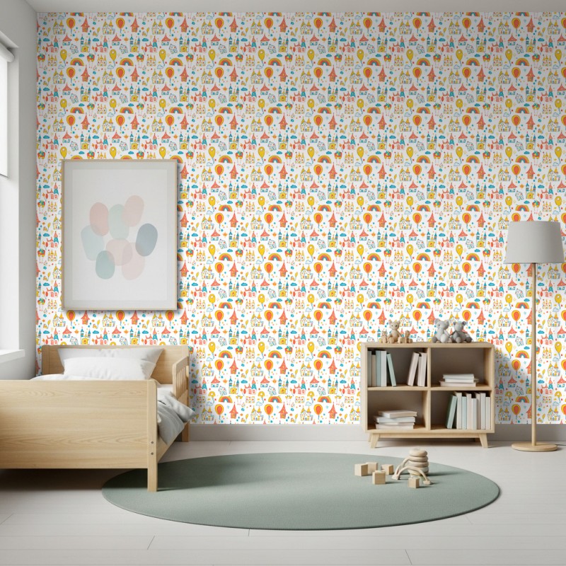 Papel Pintado Baby Castillo Diseño Globos Fondo Blanco