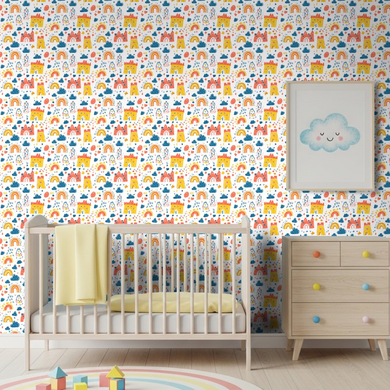 Baby Tapete Schloss Design mit Wolken und Regenbögen weißer Hintergrund