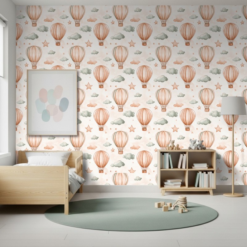 Carta da parati baby Mongolfiere design nuvole sfondo beige