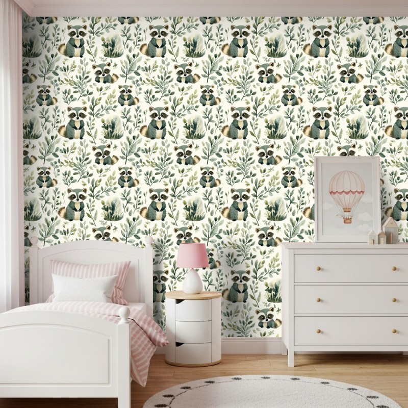 Papel Pintado Baby Mapaches Diseño Hojas Fondo Blanco