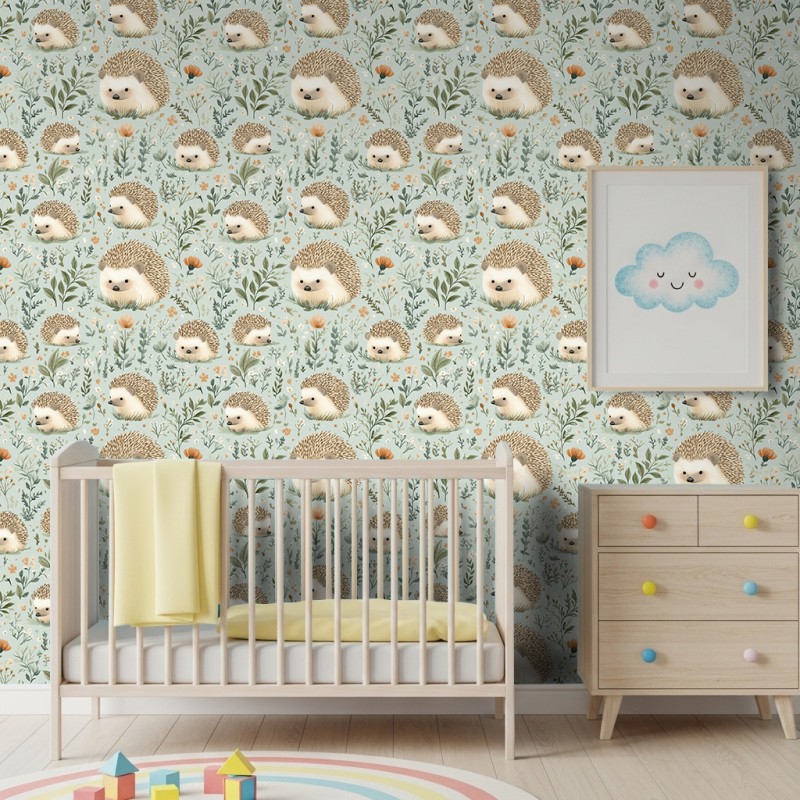 Baby wallpaper Hedgehogs flowers and leaves light green background design