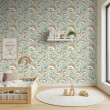 Carta da parati baby Ricci design fiori e foglie sfondo verde chiaro