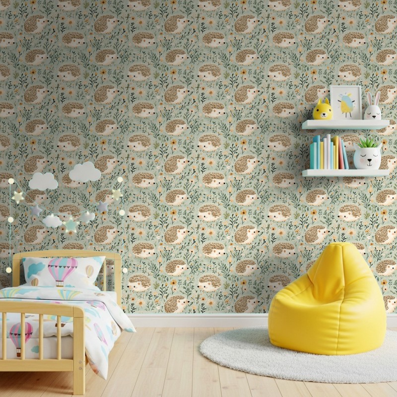 Carta da parati baby Ricci design fiori selvatici sfondo verde chiaro