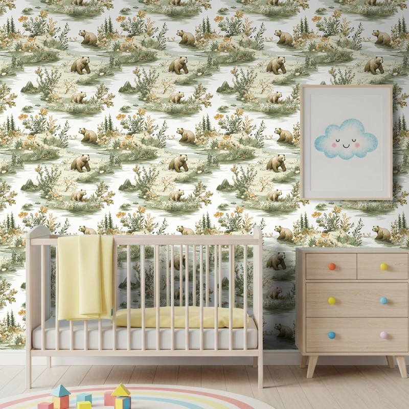 Baby Tapete Bären Walddesign grüner Hintergrund