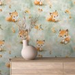 Papier peint baby Renardeaux motif feuilles et champignons fond vert