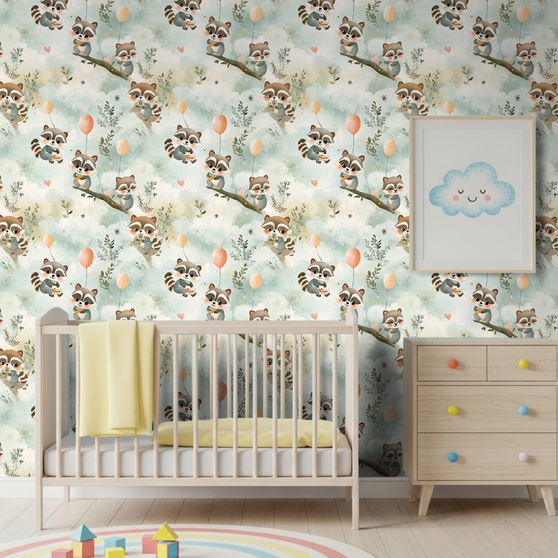 Baby wallpaper Raccoons balloons and branches design aqua green background