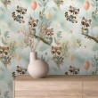 Papier peint baby Raton laveurs motif ballons et branches fond vert d’eau