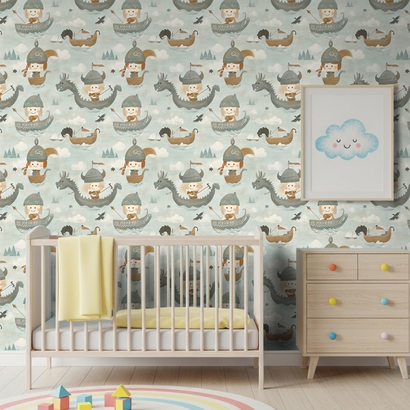 Baby wallpaper Vikings ships and dragons design light blue background
