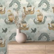 Baby Tapete Wikinger Drachen- und Wolkenmuster himmelblauer Hintergrund