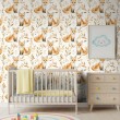Carta da parati baby Volpi design foglie sfondo beige chiaro