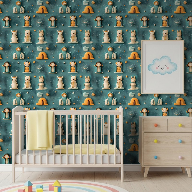 Papel Pintado Baby Muñecos Diseño Iglús Y Estrellas Fondo Azul Oscuro