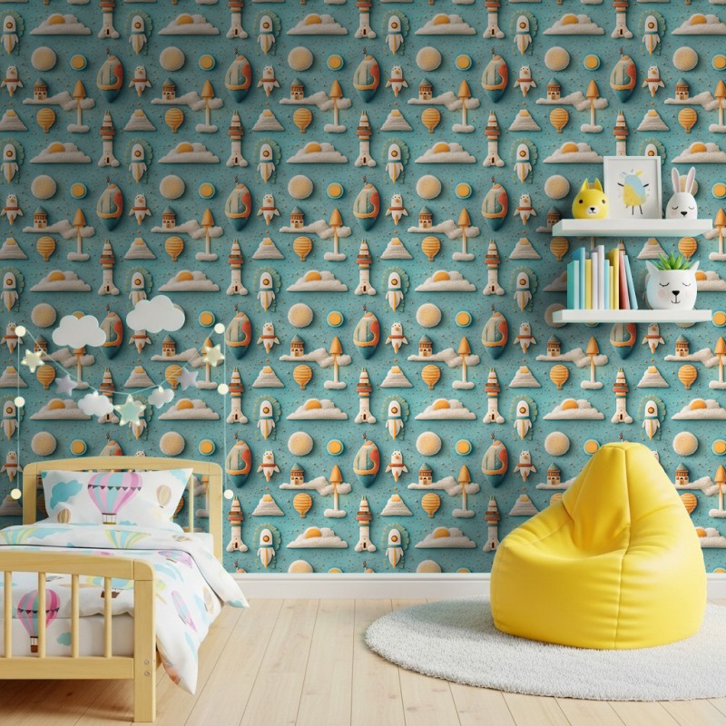 Papel Pintado Baby Cohetes Diseño Nubes Y Globos Fondo Azul Turquesa