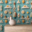 Papel Pintado Baby Cohetes Diseño Nubes Y Globos Fondo Azul Turquesa