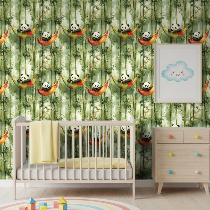 Papier peint baby Pandas motif hamacs et bambous fond vert