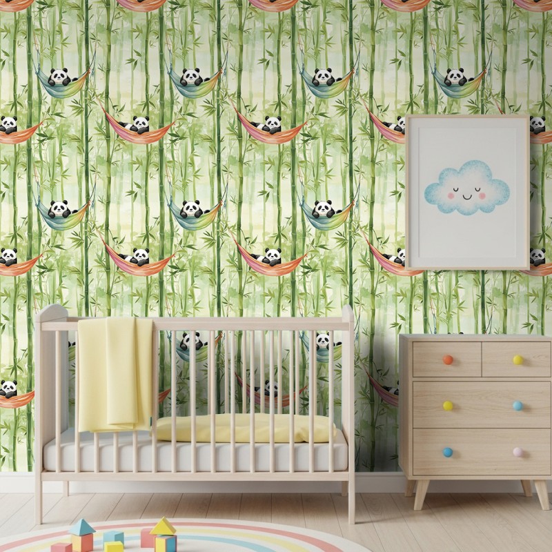 Papel Pintado Baby Pandas Diseño Hamacas Y Bambu Fondo Verde Claro