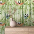 Papel Pintado Baby Pandas Diseño Hamacas Y Bambu Fondo Verde Claro