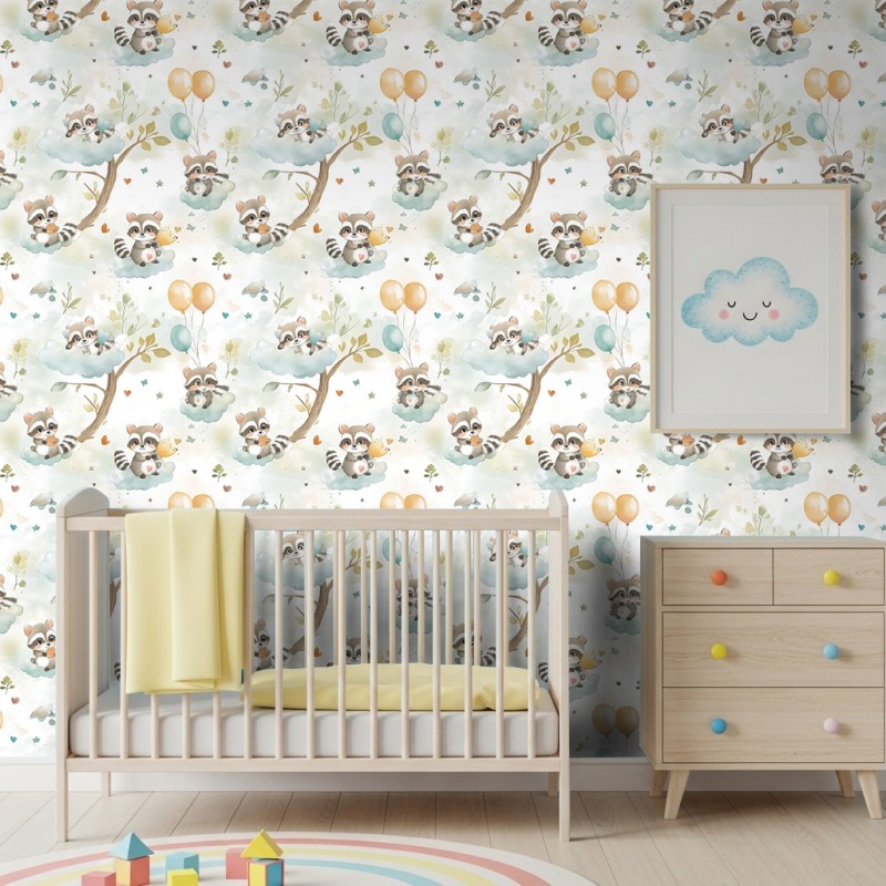 Carta da parati baby Procioni design nuvole e palloncini sfondo bianco