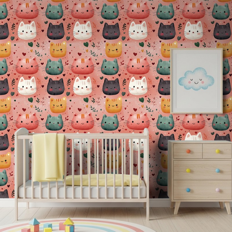 Papel Pintado Baby Gatitos Diseño Corazones Y Hojas Fondo Rosa