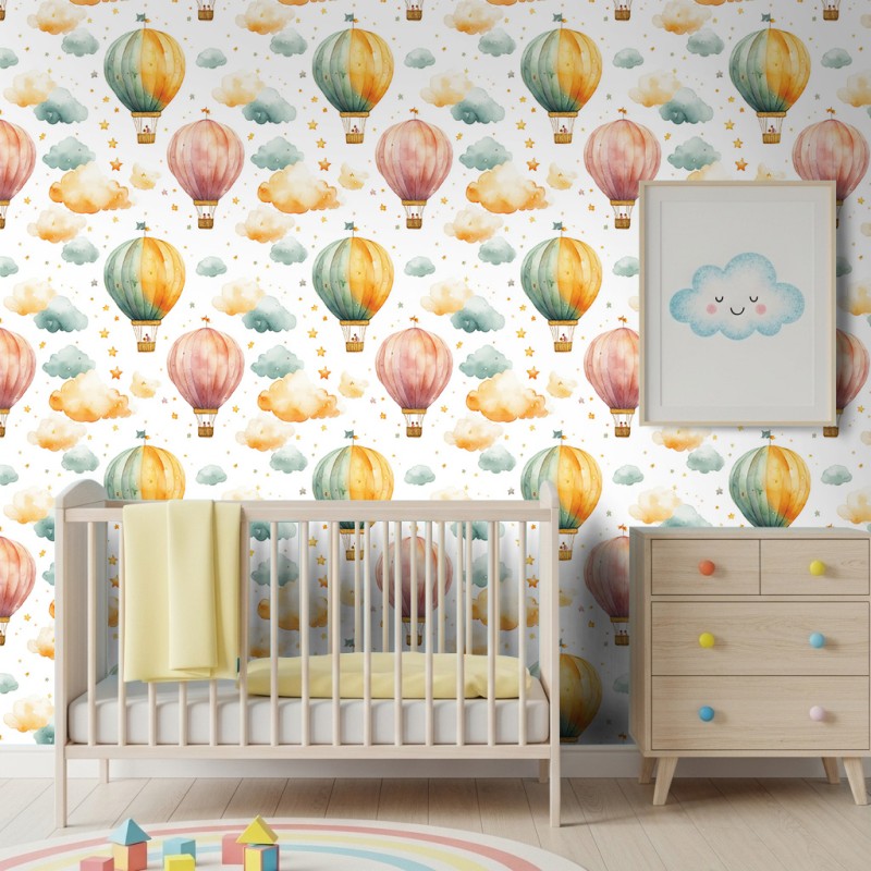 Papier peint baby Montgolfières motif nuages et étoiles fond blanc