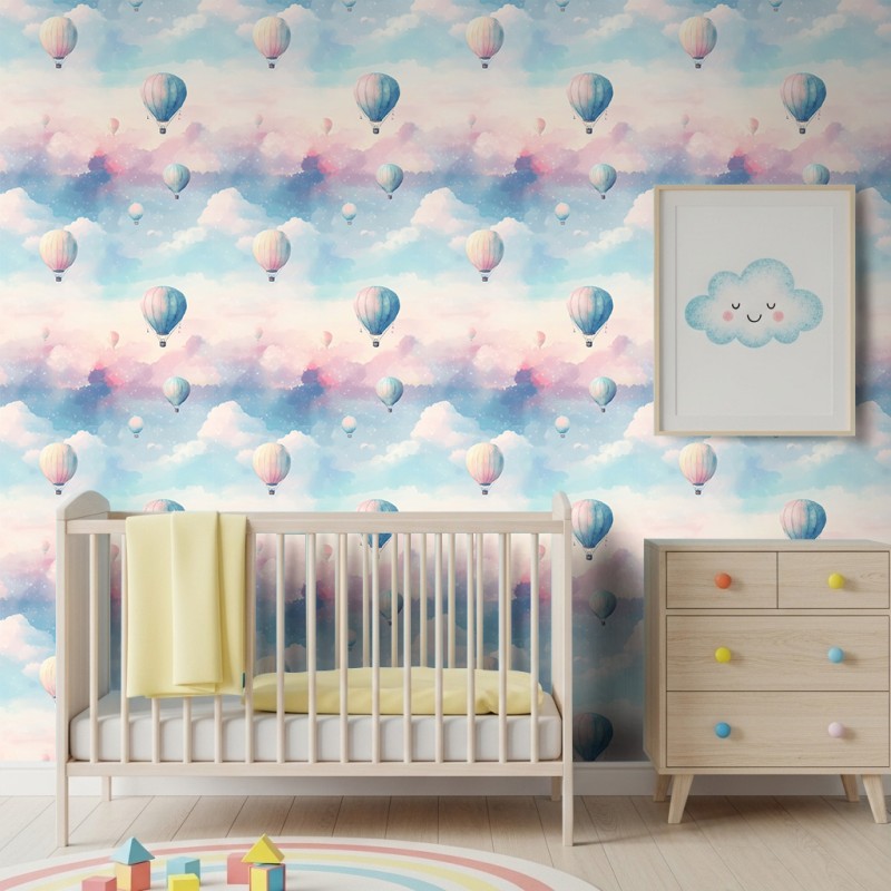 Papel Pintado Baby Globos Aerostáticos Diseño Nubes Fondo Multicolor