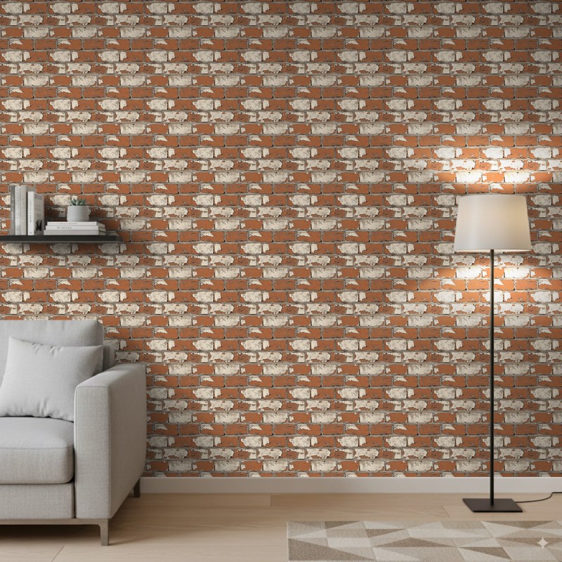 Papel Pintado Bricks Diseño Rústico Tonos Blanco y Rojo Desgastado