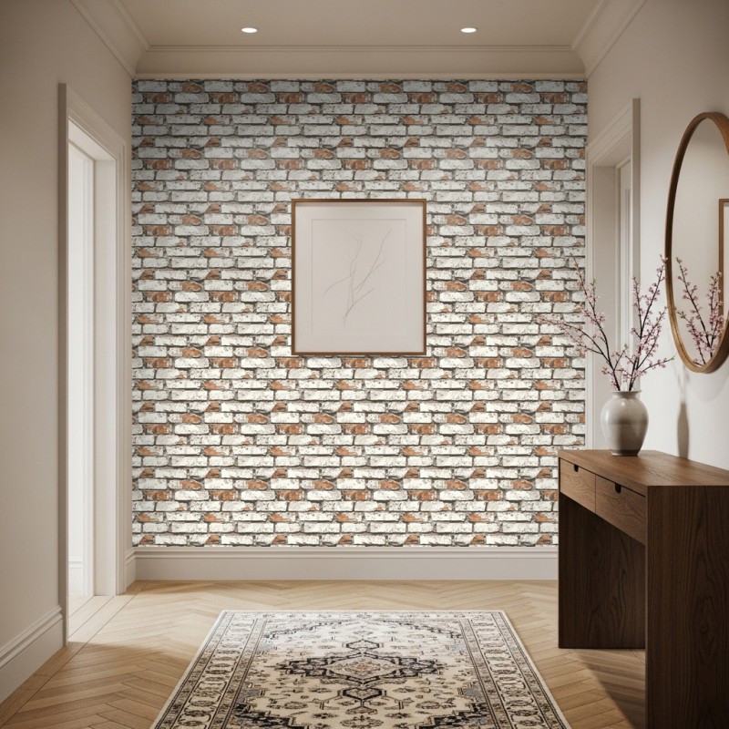 Papel Pintado Bricks Diseño Rústico Tonos Blanco y Marrón Envejecido