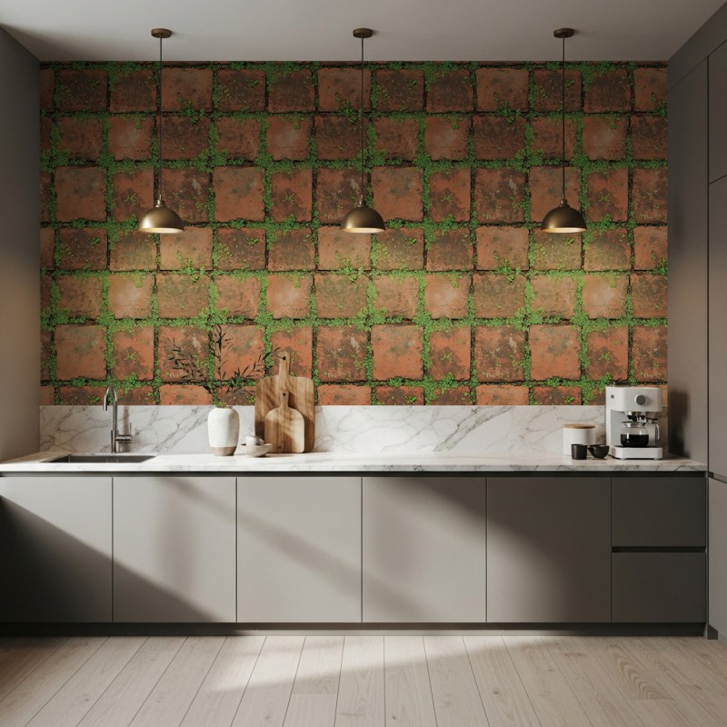 Papel Pintado Bricks Diseño Natural Tonos Tierra y Verde Musgo