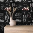 Gewerbliche Tapete Gourmet Line Kulinarisches Design Flaschen und Gläser Schwarze Töne