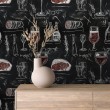Papel Pintado Comercial Gourmet Line Diseño Gastronómico Copas y Filetes Tonos Negro