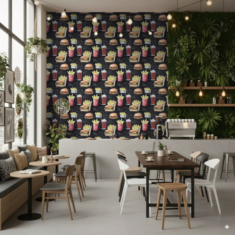 Papier Peint Commercial Gourmet Line Design Culinaire Burgers et Frites Tons Noirs
