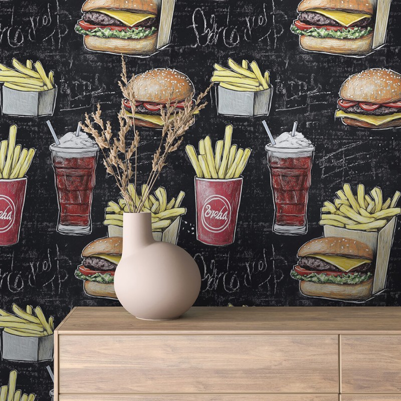 Papier Peint Commercial Gourmet Line Design Culinaire Burgers et Frites Tons Noirs