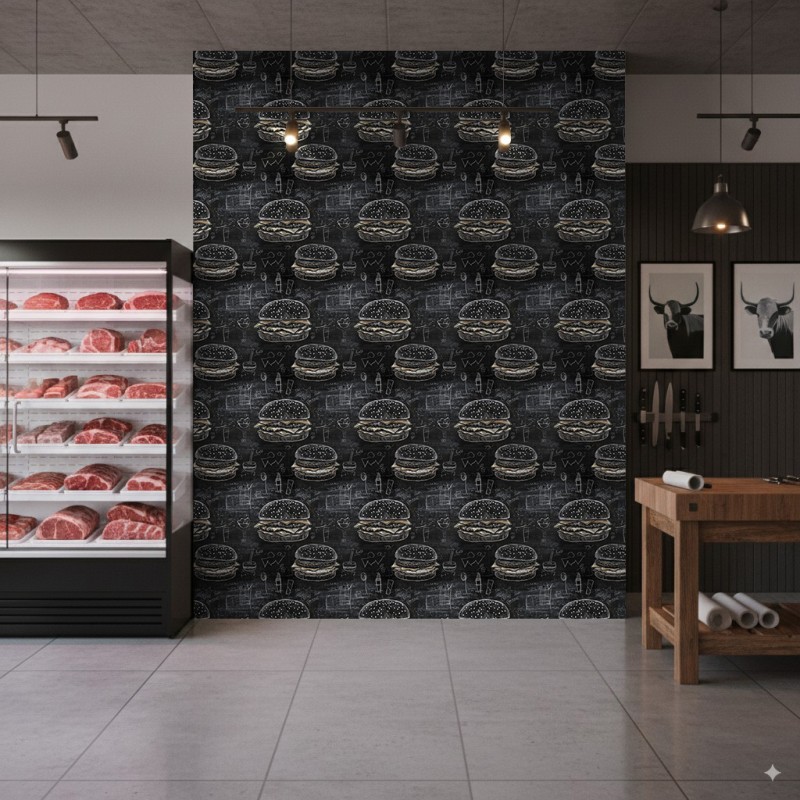 Papier Peint Commercial Gourmet Line Design Culinaire Burgers Noirs Tons Noirs