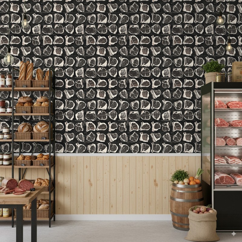 Commercial Wallpaper Gourmet Line Meat Cuts Design Black Tones