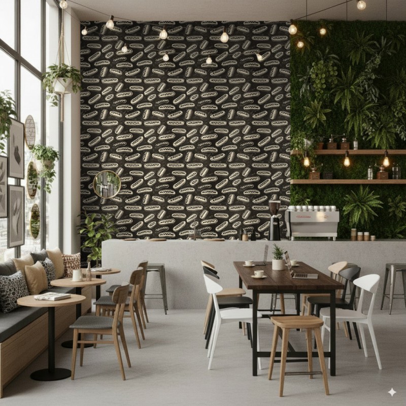 Commercial Wallpaper Gourmet Line Hot Dogs Design Black Tones