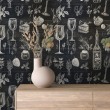 Papier Peint Commercial Gourmet Line Design Vin et Herbes Tons Noirs