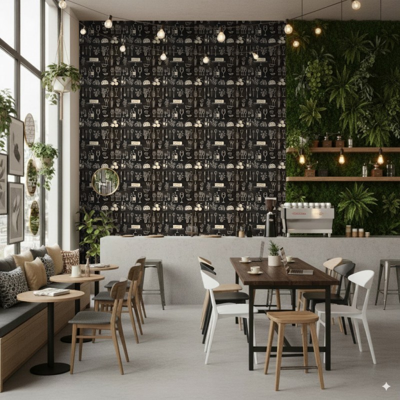 Papel Pintado Comercial Gourmet Line Diseño Vino y Queso Tonos Negro