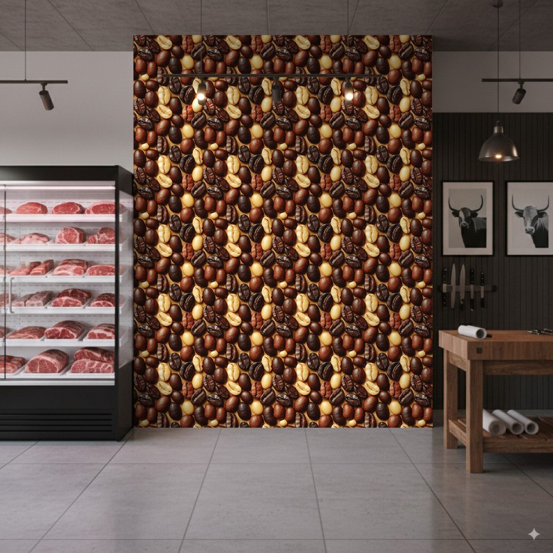 Carta da Parati Commerciale Gourmet Line Design Chicchi di Caffè Toni Marroni e Pelle