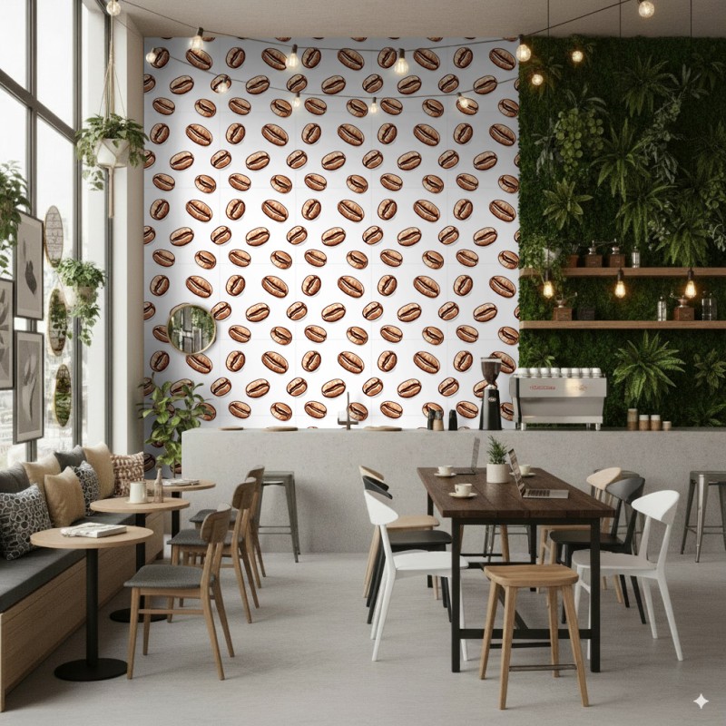 Commercial Wallpaper Gourmet Line Coffee Beans Design Beige and Light Brown Tones