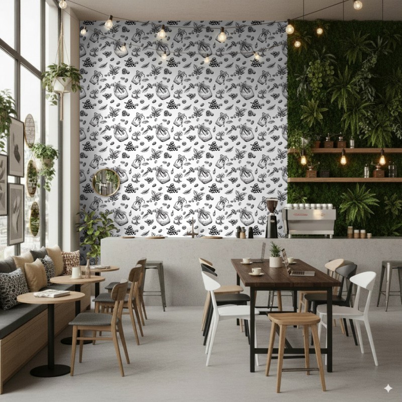 Papel Pintado Comercial Gourmet Line Diseño Café y Sacos Tonos Blanco y Negro