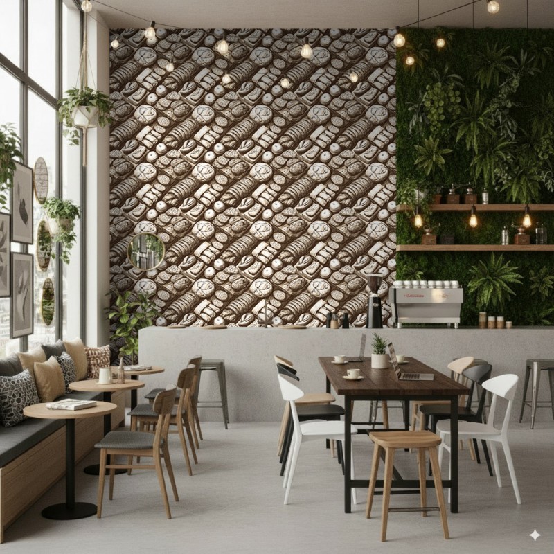 Commercial Wallpaper Gourmet Line Bakery Design Brown and Beige Tones