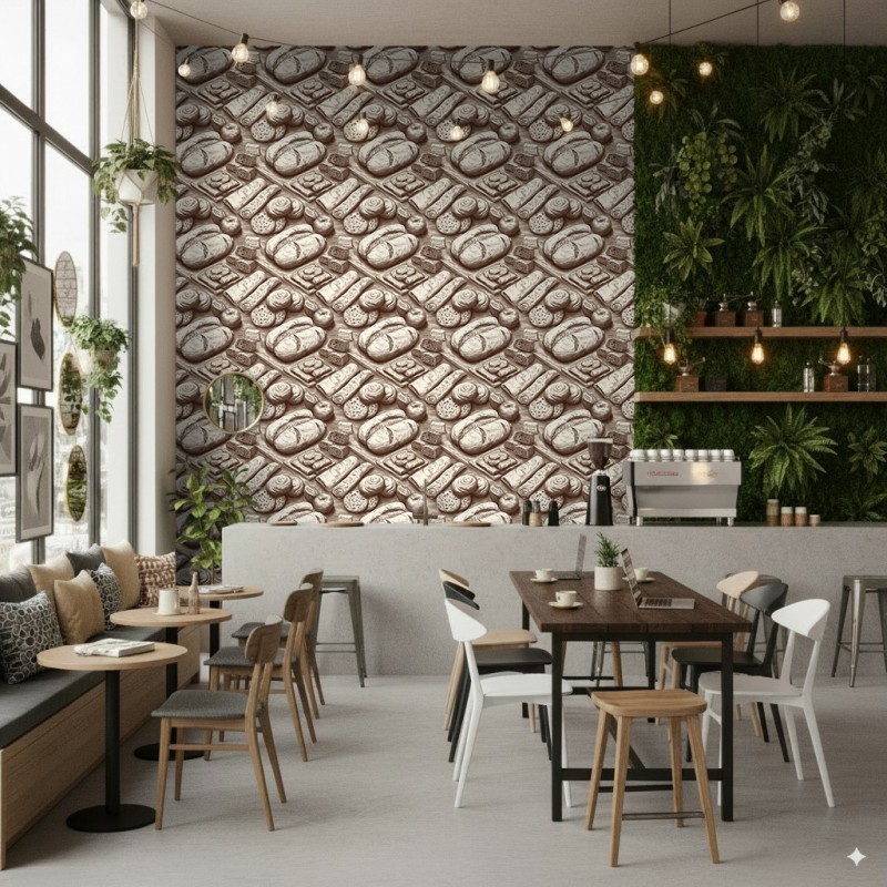 Papier Peint Commercial Gourmet Line Design Boulangerie Artisanale Tons Beige et Marron