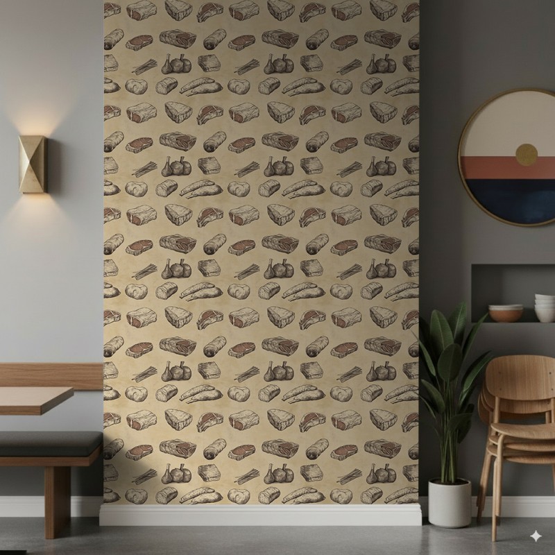 Papel Pintado Comercial Modelo Gourmet Diseño Cortes De Carne Tonos Beige