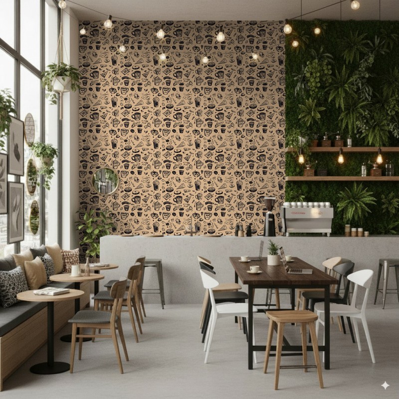 Papel pintado comercial modelo Coffee diseño cafetería y repostería tonos beige