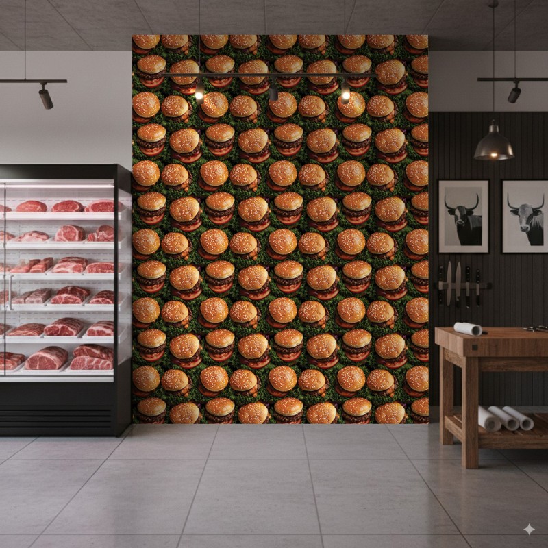 Papel pintado comercial modelo Burger diseño hamburguesas tonos Cafe Y Verde