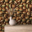 Carta da parati commerciale modello Burger design hamburger classici toni marrone e oro