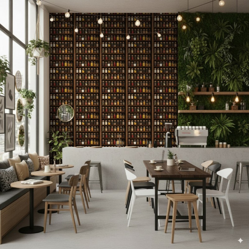 Commercial wallpaper model Pantry spice jars design brown and amber tones