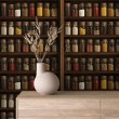 Carta da parati commerciale modello Pantry design barattoli di spezie toni marrone e ambra