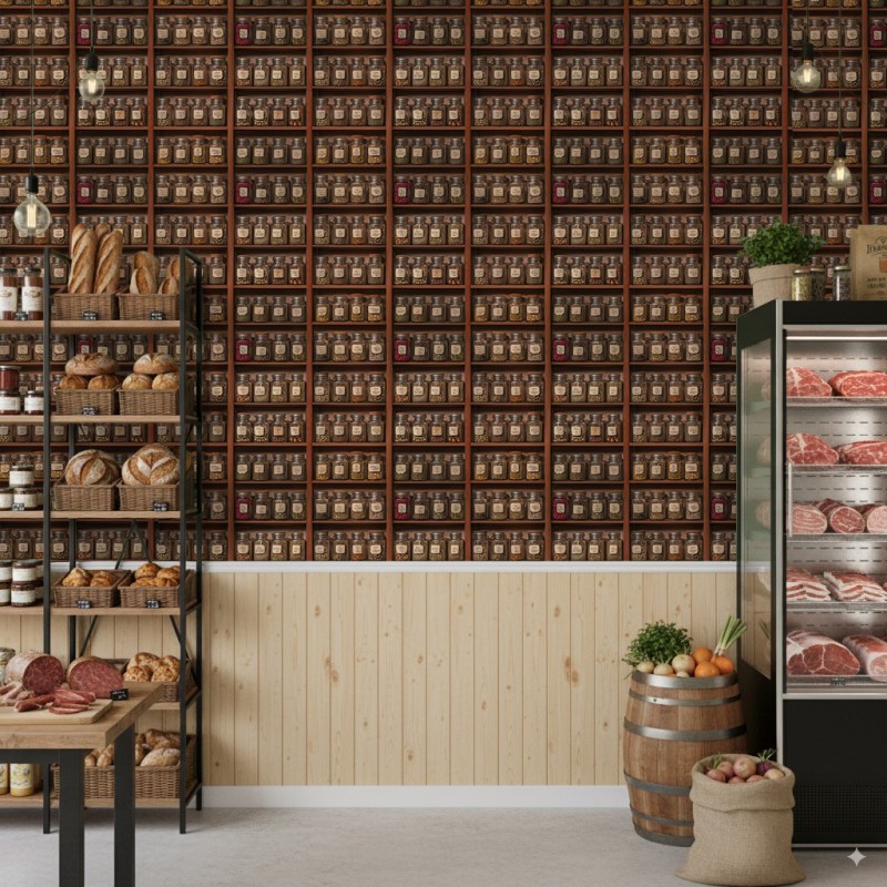Papier peint commercial modèle Pantry design bocaux d’épices organisés tons marron et beige